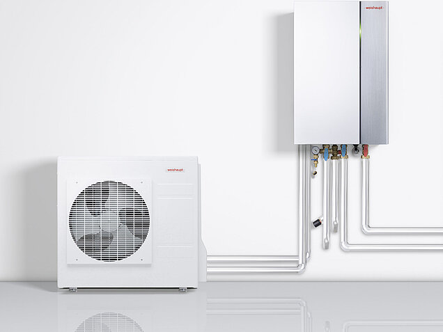 Weishaupt Splitwärmepumpe: Kombination aus Außen- und Innengerät (Hydraulikeinheit) mit einer Leistung von 8 kW. weishaupt-split-waermepumpe